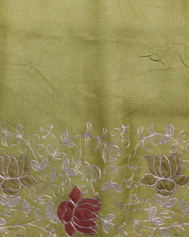 Mehendi Green - Yellow Tussar Embroidery Saree