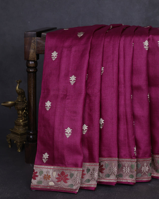 Dark Magenta Tussar Embroidery Saree