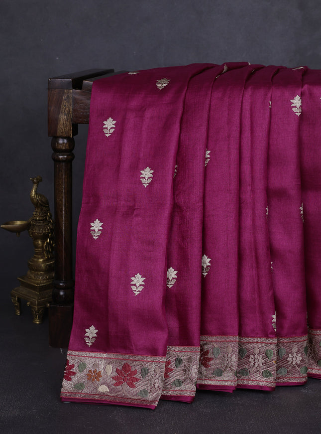 Dark Magenta Tussar Embroidery Saree