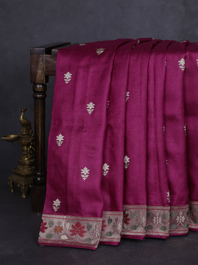 Dark Magenta Tussar Embroidery Saree