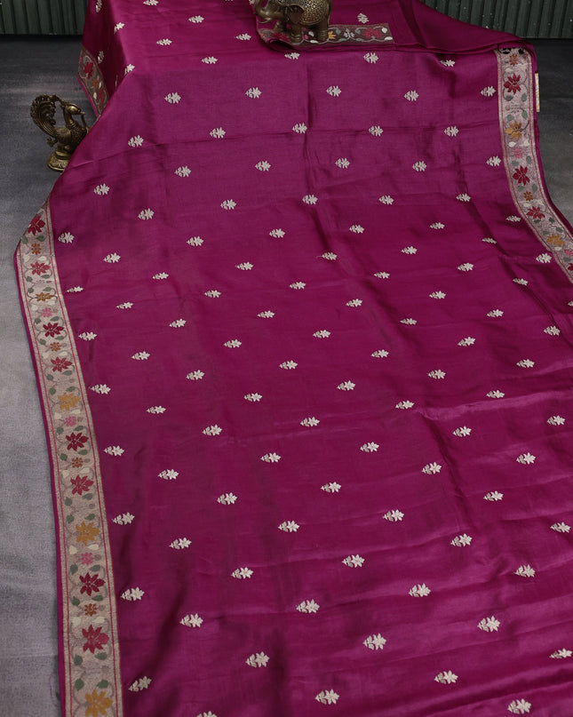 Dark Magenta Tussar Embroidery Saree