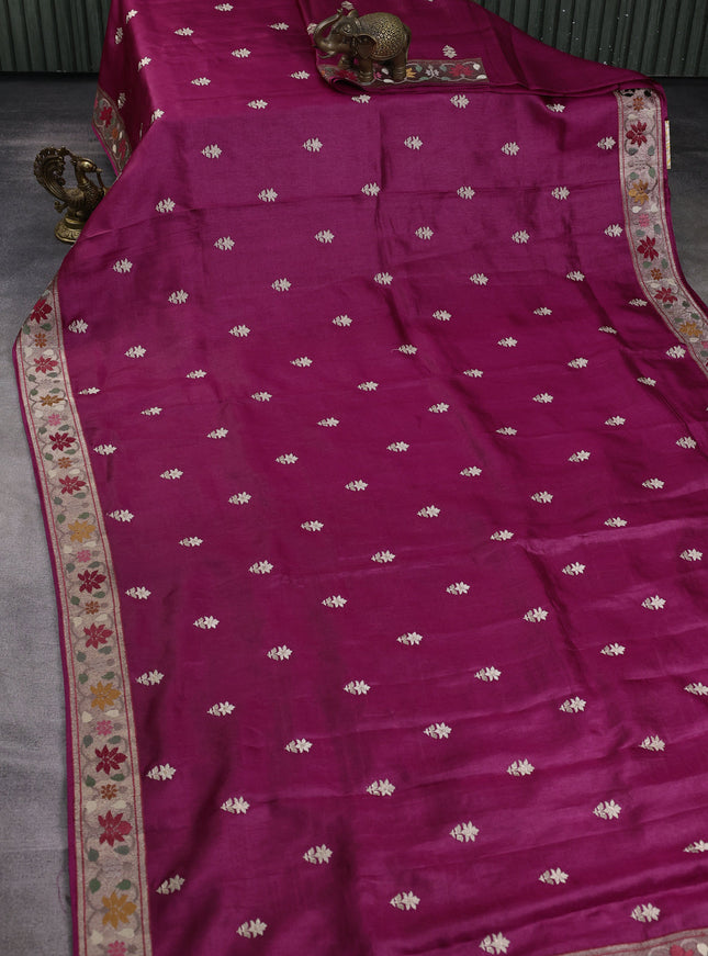 Dark Magenta Tussar Embroidery Saree