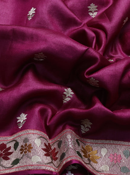 Dark Magenta Tussar Embroidery Saree
