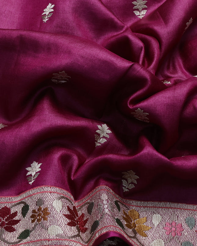 Dark Magenta Tussar Embroidery Saree