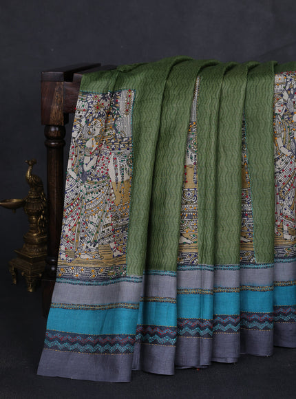 Mehendi Green Tussar Kantha Embroidery Saree