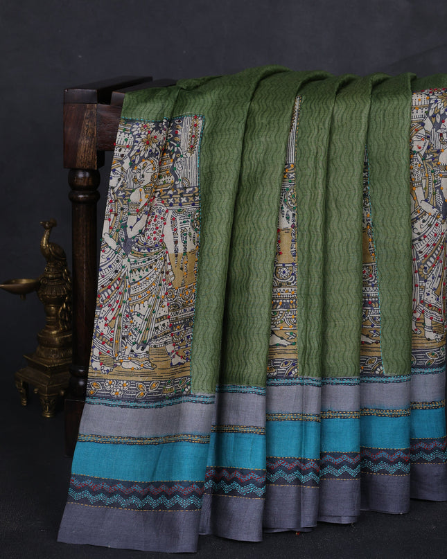 Mehendi Green Tussar Kantha Embroidery Saree