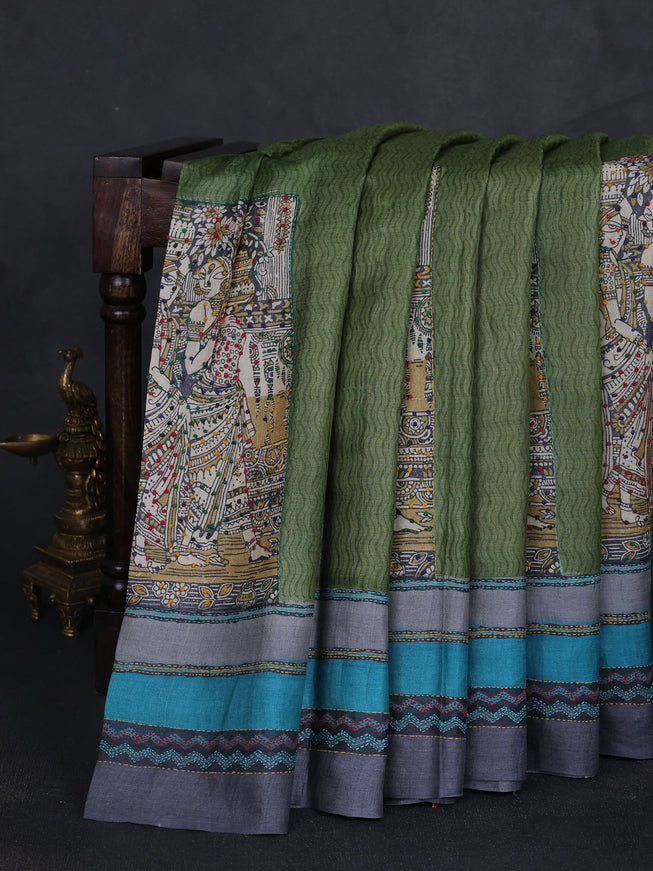 Mehendi Green Tussar Kantha Embroidery Saree