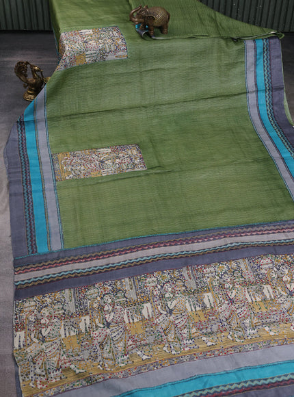 Mehendi Green Tussar Kantha Embroidery Saree