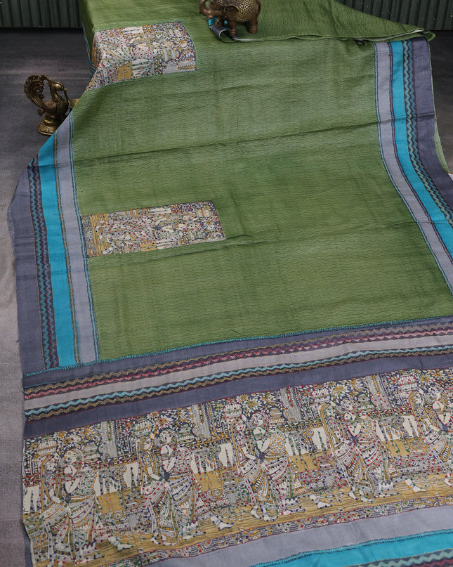 Mehendi Green Tussar Kantha Embroidery Saree