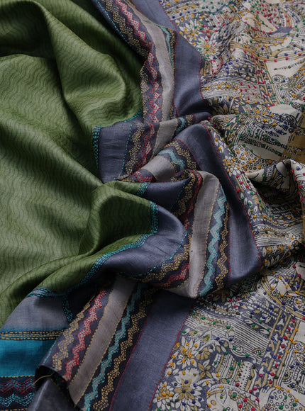 Mehendi Green Tussar Kantha Embroidery Saree