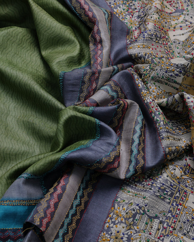 Mehendi Green Tussar Kantha Embroidery Saree