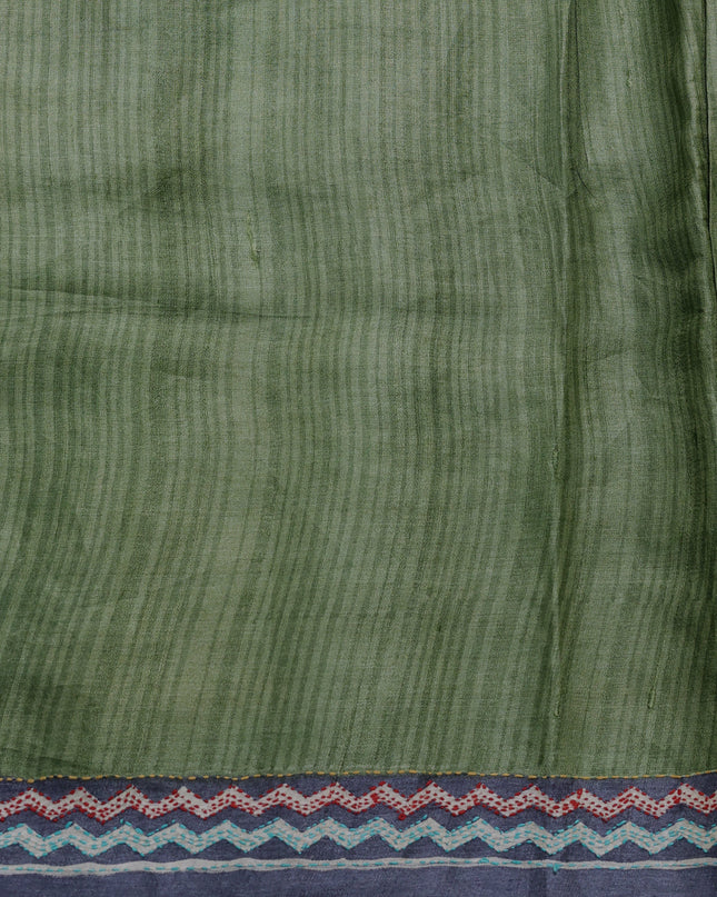 Mehendi Green Tussar Kantha Embroidery Saree