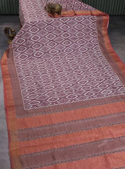 Maroon Tussar Kantha Embroidery Saree