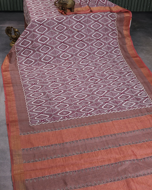 Maroon Tussar Kantha Embroidery Saree