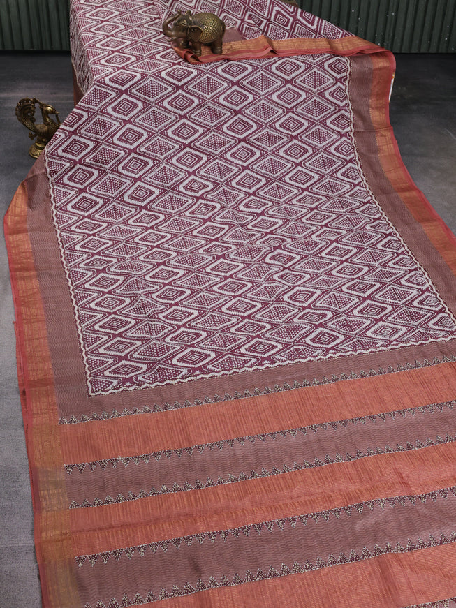 Maroon Tussar Kantha Embroidery Saree