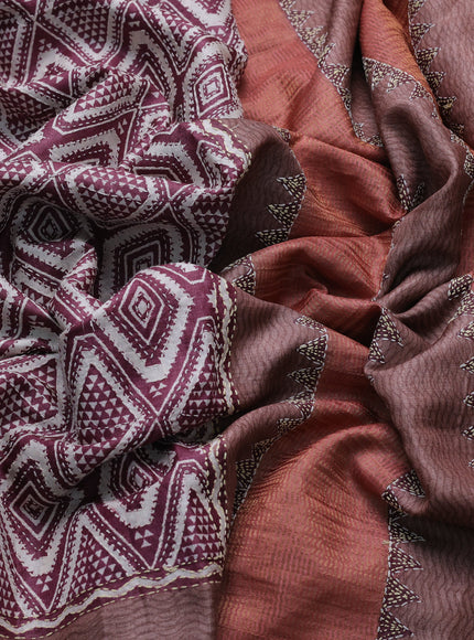 Maroon Tussar Kantha Embroidery Saree