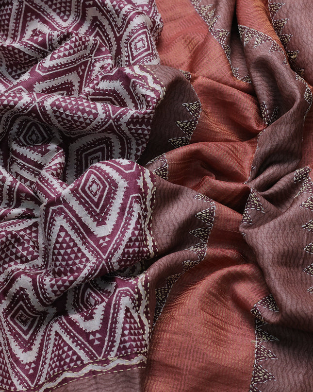 Maroon Tussar Kantha Embroidery Saree