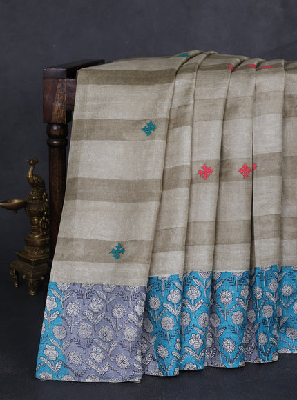 Beige -Firozi And Grey Tussar Kantha Embroidery Saree