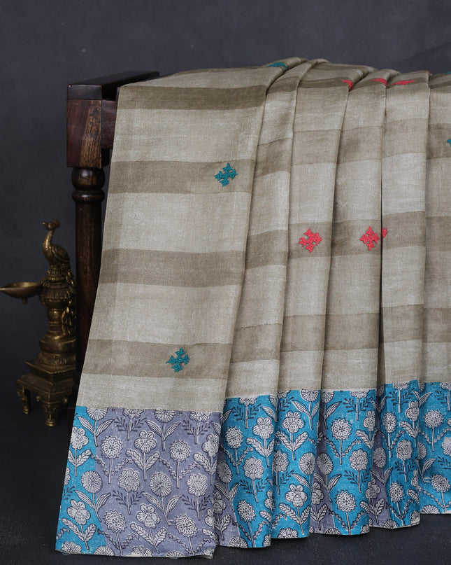 Beige -Firozi And Grey Tussar Kantha Embroidery Saree