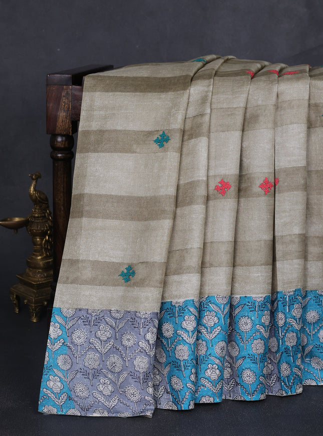 Beige -Firozi And Grey Tussar Kantha Embroidery Saree