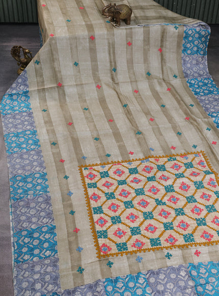 Beige -Firozi And Grey Tussar Kantha Embroidery Saree