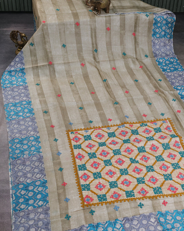 Beige -Firozi And Grey Tussar Kantha Embroidery Saree