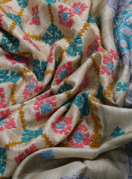 Beige -Firozi And Grey Tussar Kantha Embroidery Saree