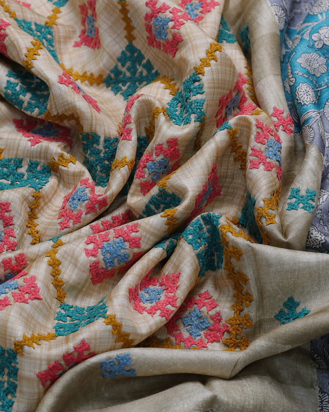 Beige -Firozi And Grey Tussar Kantha Embroidery Saree