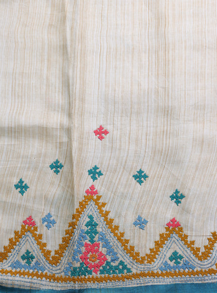 Beige -Firozi And Grey Tussar Kantha Embroidery Saree