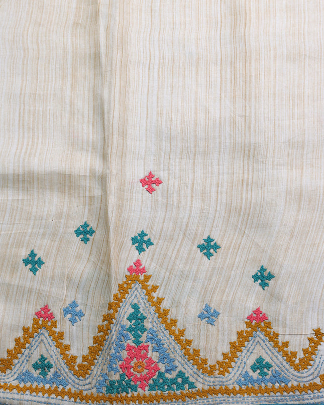 Beige -Firozi And Grey Tussar Kantha Embroidery Saree