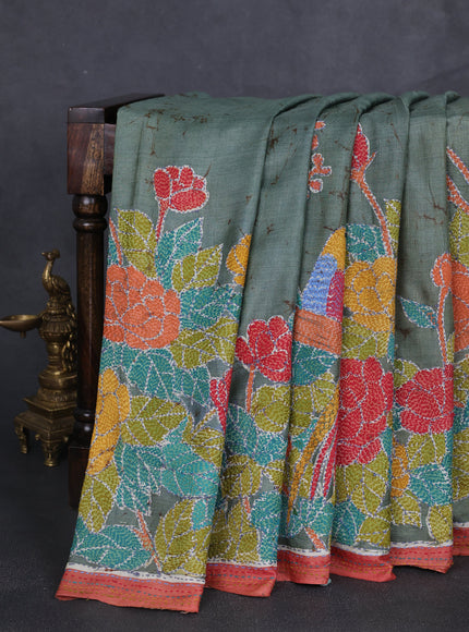 Green-Orange Tussar Kantha Embroidery Saree
