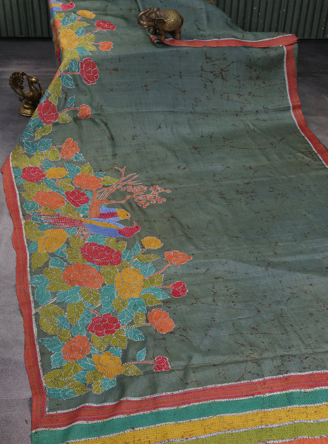 Green-Orange Tussar Kantha Embroidery Saree