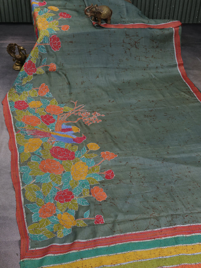 Green-Orange Tussar Kantha Embroidery Saree