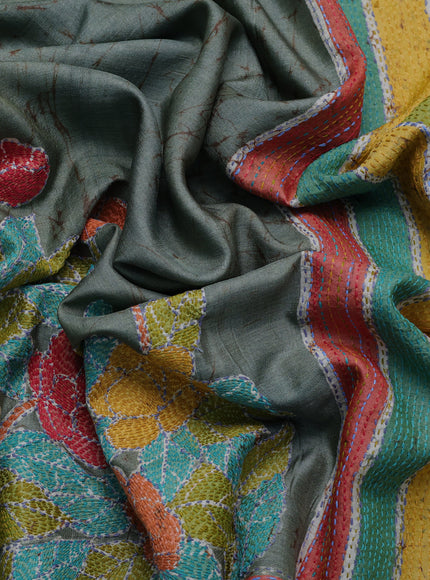 Green-Orange Tussar Kantha Embroidery Saree