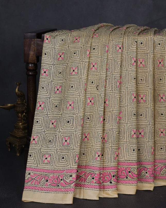 Yellow Tussar Kantha Embroidery Saree
