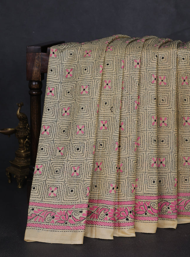 Yellow Tussar Kantha Embroidery Saree
