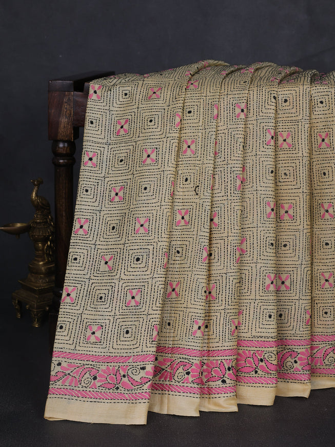 Yellow Tussar Kantha Embroidery Saree