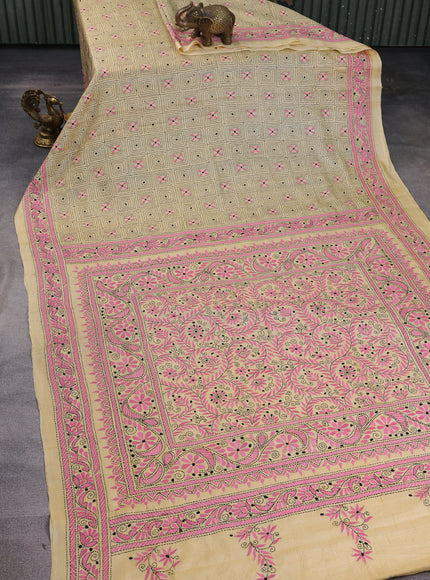 Yellow Tussar Kantha Embroidery Saree