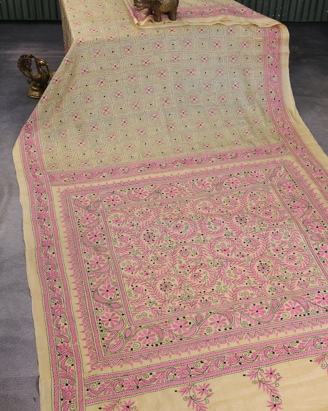 Yellow Tussar Kantha Embroidery Saree