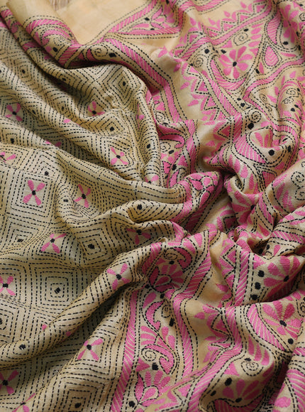 Yellow Tussar Kantha Embroidery Saree