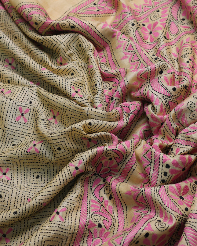 Yellow Tussar Kantha Embroidery Saree