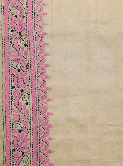 Yellow Tussar Kantha Embroidery Saree