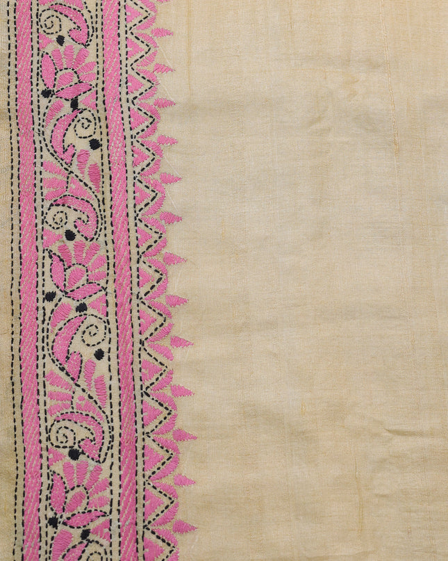 Yellow Tussar Kantha Embroidery Saree