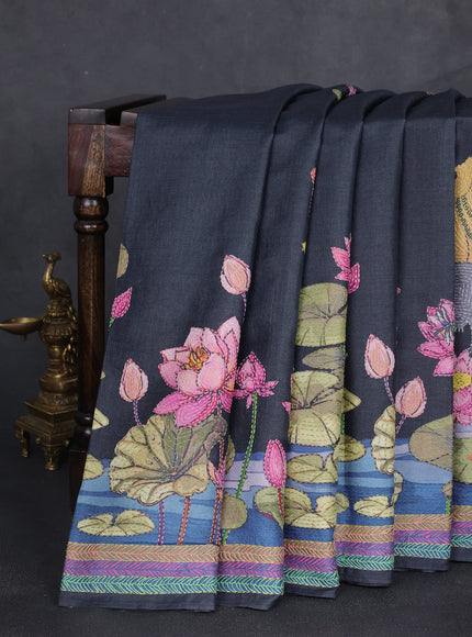 Elephant Grey Tussar Kantha Embroidery Saree