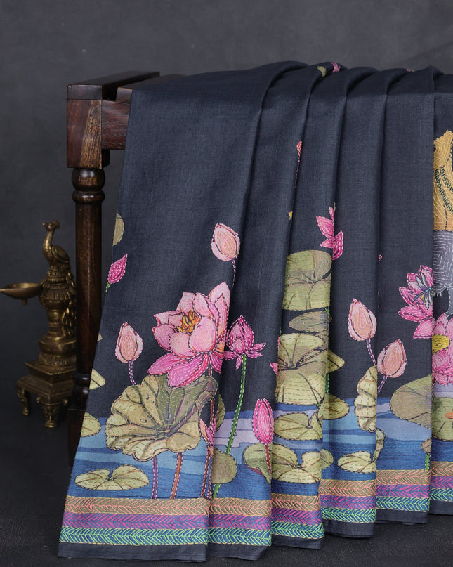Elephant Grey Tussar Kantha Embroidery Saree