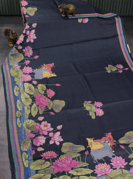 Elephant Grey Tussar Kantha Embroidery Saree