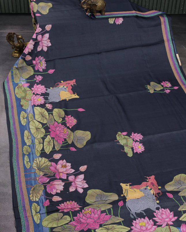 Elephant Grey Tussar Kantha Embroidery Saree