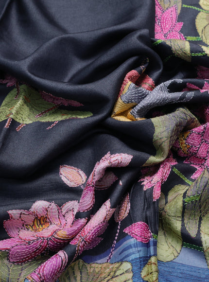 Elephant Grey Tussar Kantha Embroidery Saree