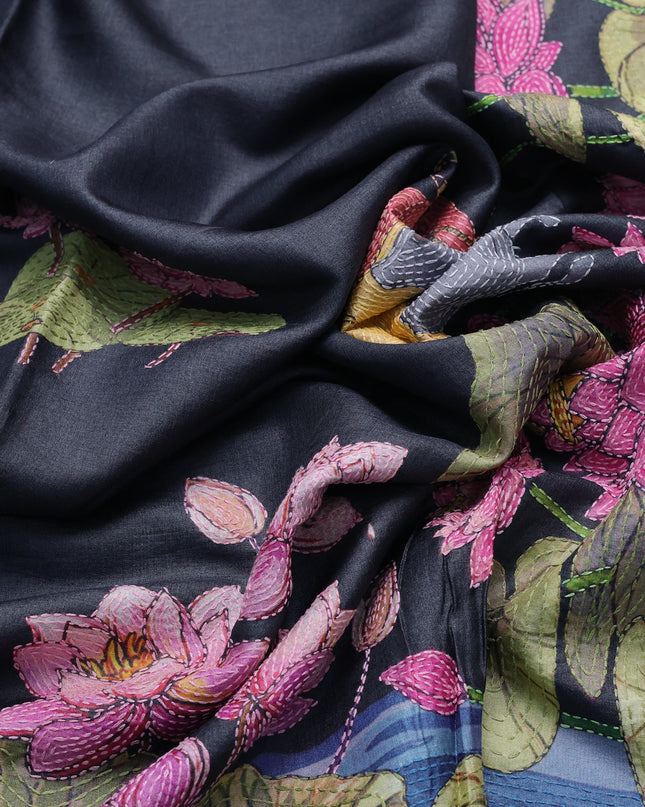 Elephant Grey Tussar Kantha Embroidery Saree