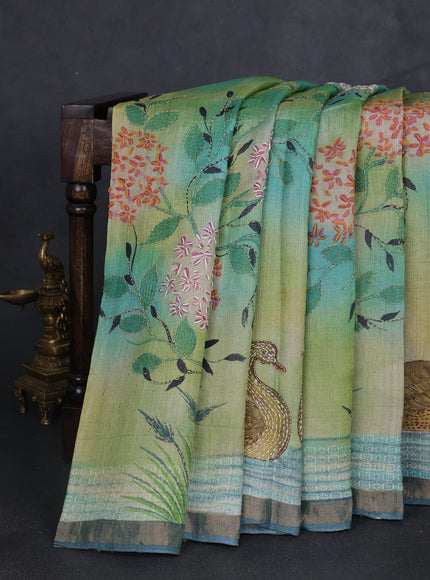 Green Tussar Kantha Embroidery Saree